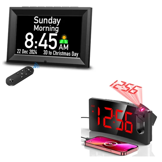 GOLOZA Day Clock and Red Projection Alarm Clock Set