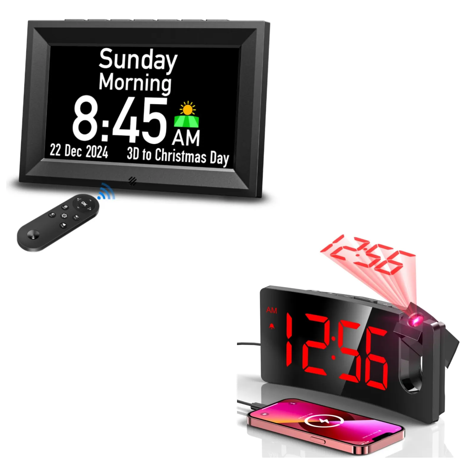 GOLOZA Day Clock and Red Projection Alarm Clock Set: gOLOZA day clock and red projection alarm clock together